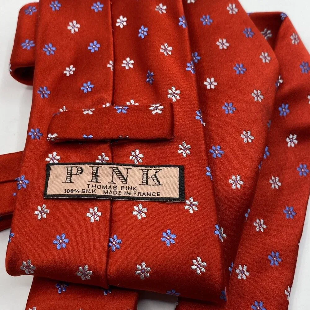Thomas PINK red power‎ boss necktie blue white flowers silk tie elegant France